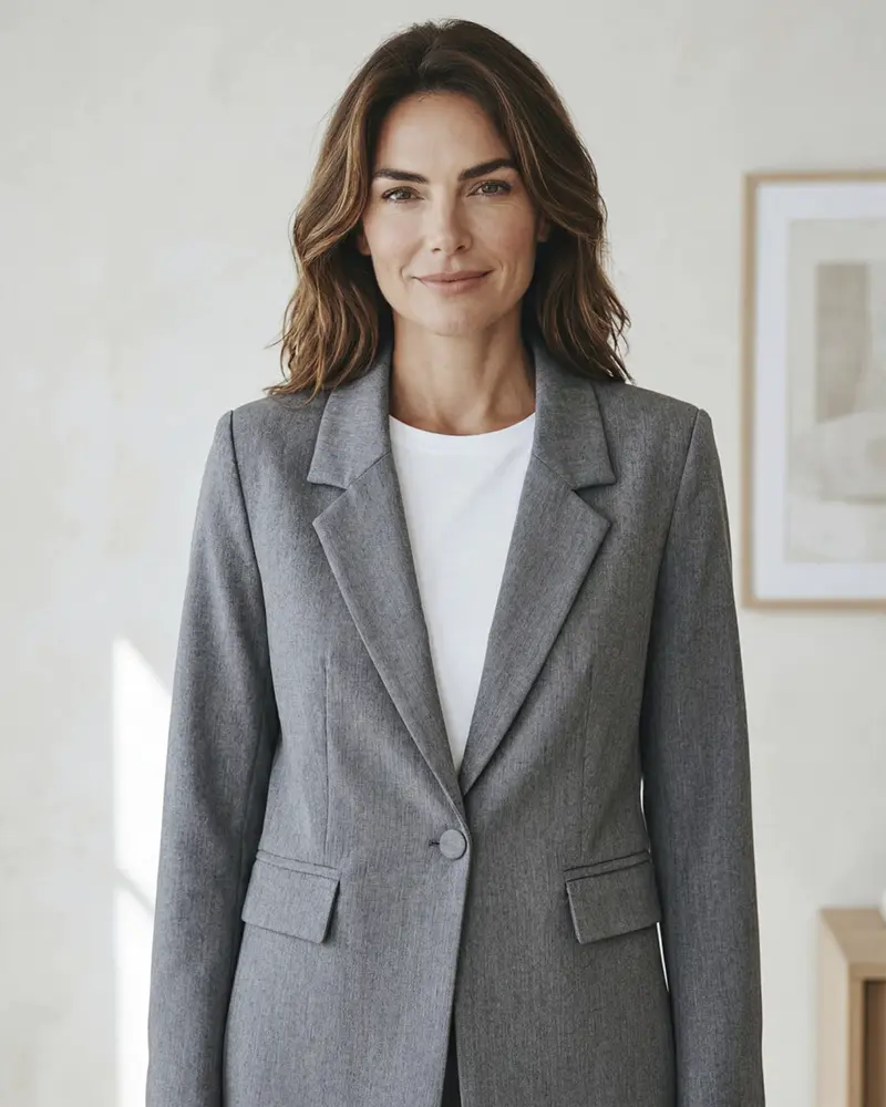Blazer gris de sastrería con remera blanca, de Mena